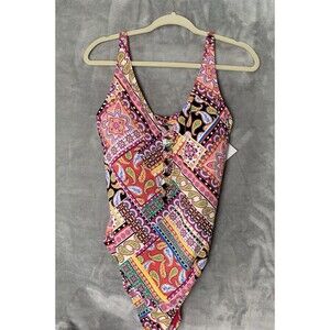Bleu Rod Beattie Swimsuit V Neck One Piece Size 16W Colorful Key‎ hole/Cut Outs